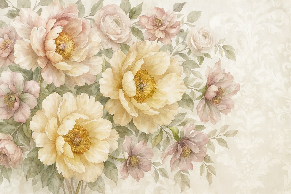 Fototapeta Kolorowe żółte i różowe akwarelowe kwiaty z delikatnym, rozmytym kwiatowym tłem abstrakcyjnym.