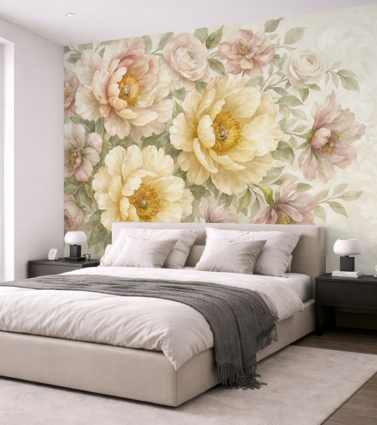 Fototapeta Kolorowe żółte i różowe akwarelowe kwiaty z delikatnym, rozmytym kwiatowym tłem abstrakcyjnym.