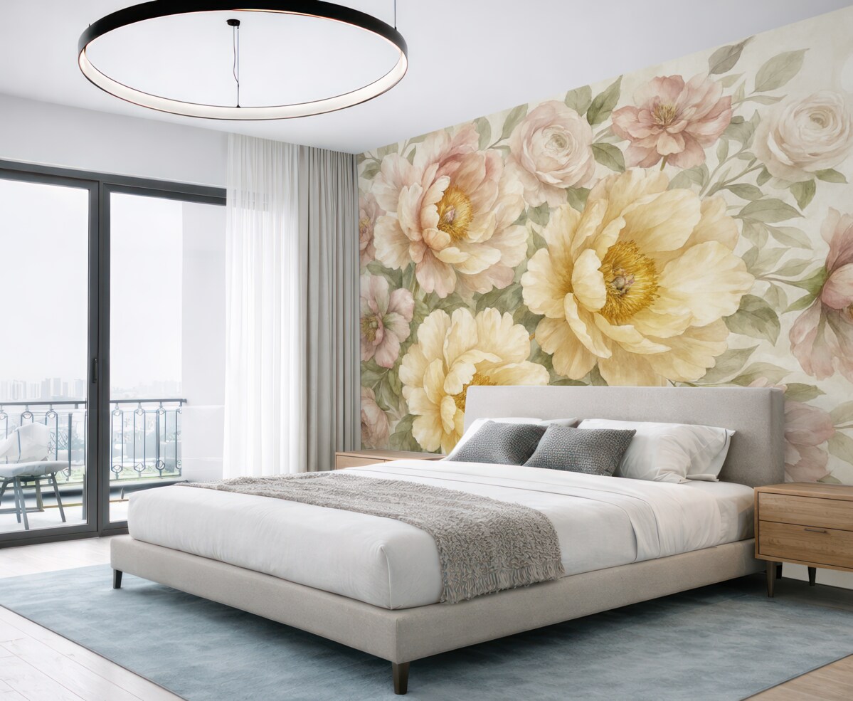 Fototapeta Kolorowe żółte i różowe akwarelowe kwiaty z delikatnym, rozmytym kwiatowym tłem abstrakcyjnym.