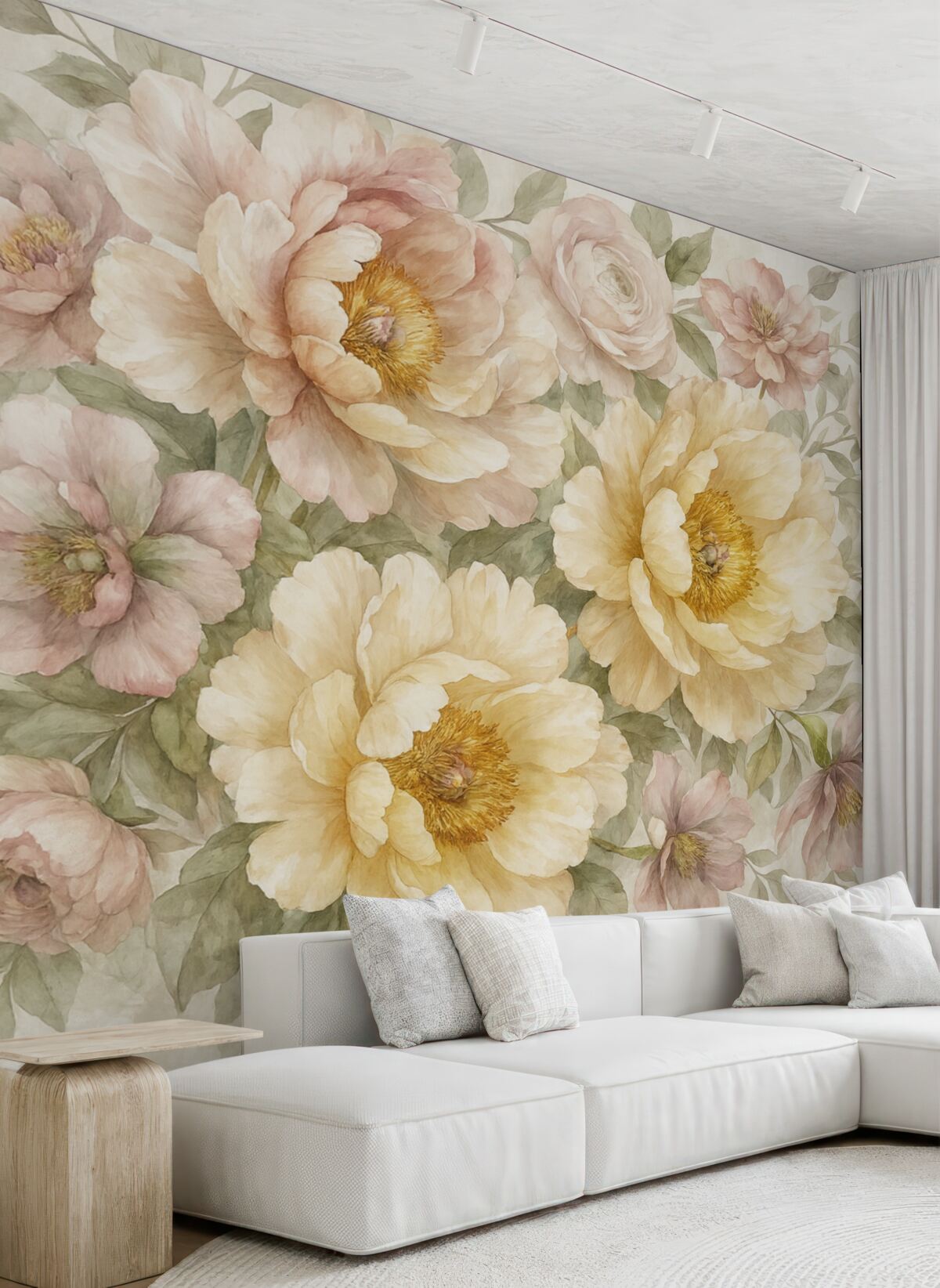 Fototapeta Kolorowe żółte i różowe akwarelowe kwiaty z delikatnym, rozmytym kwiatowym tłem abstrakcyjnym.