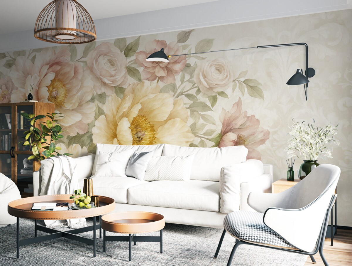 Fototapeta Kolorowe żółte i różowe akwarelowe kwiaty z delikatnym, rozmytym kwiatowym tłem abstrakcyjnym.