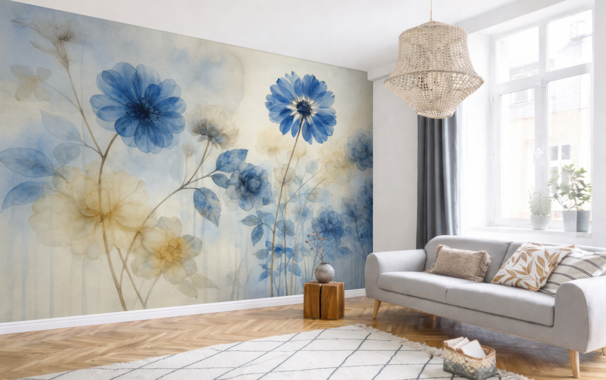 Fototapeta Niebiesko-białe akwarelowe przejrzyste kwiaty na łące, z delikatnym, rozmytym abstrakcyjnym tłem.