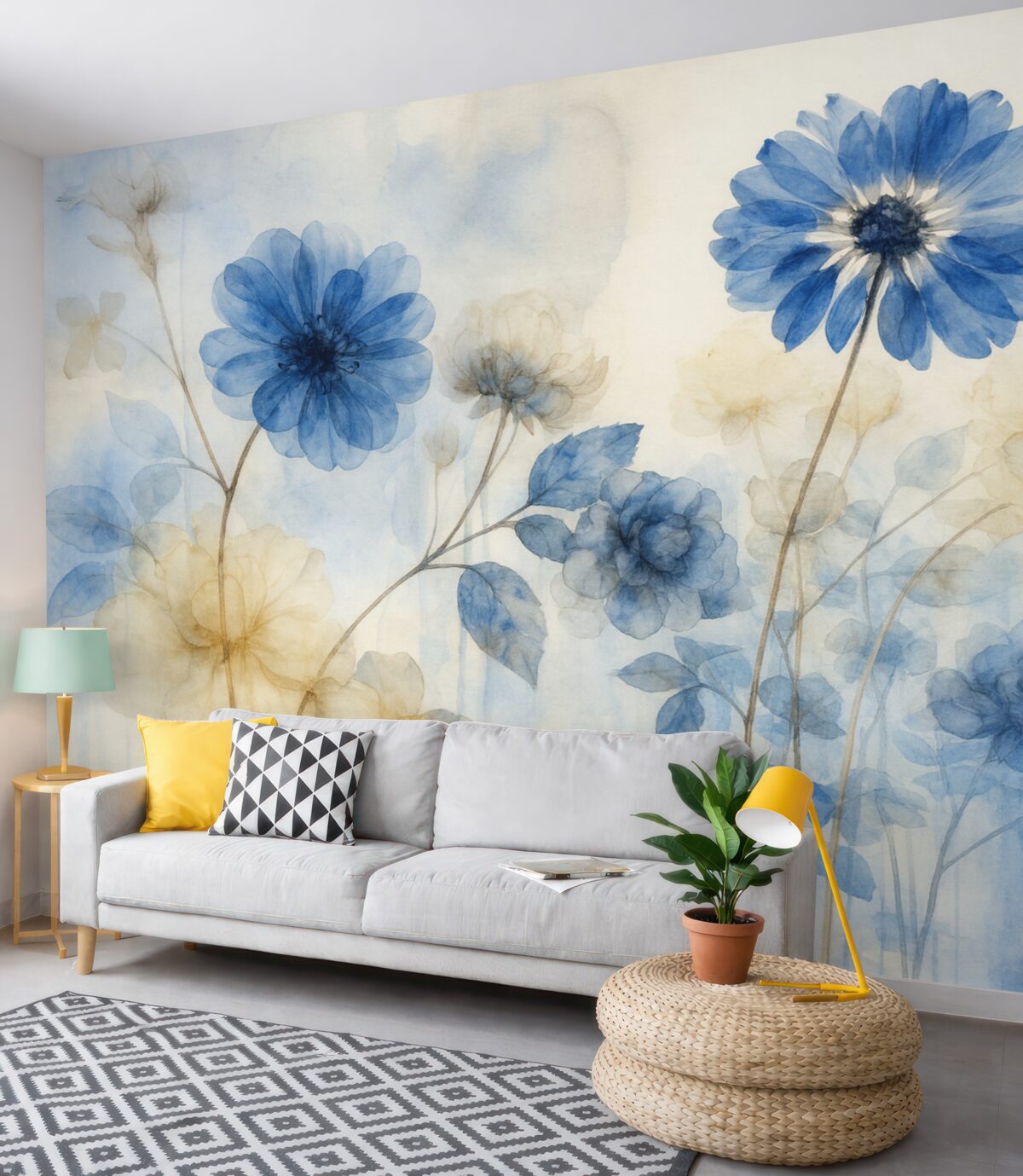 Fototapeta Niebiesko-białe akwarelowe przejrzyste kwiaty na łące, z delikatnym, rozmytym abstrakcyjnym tłem.