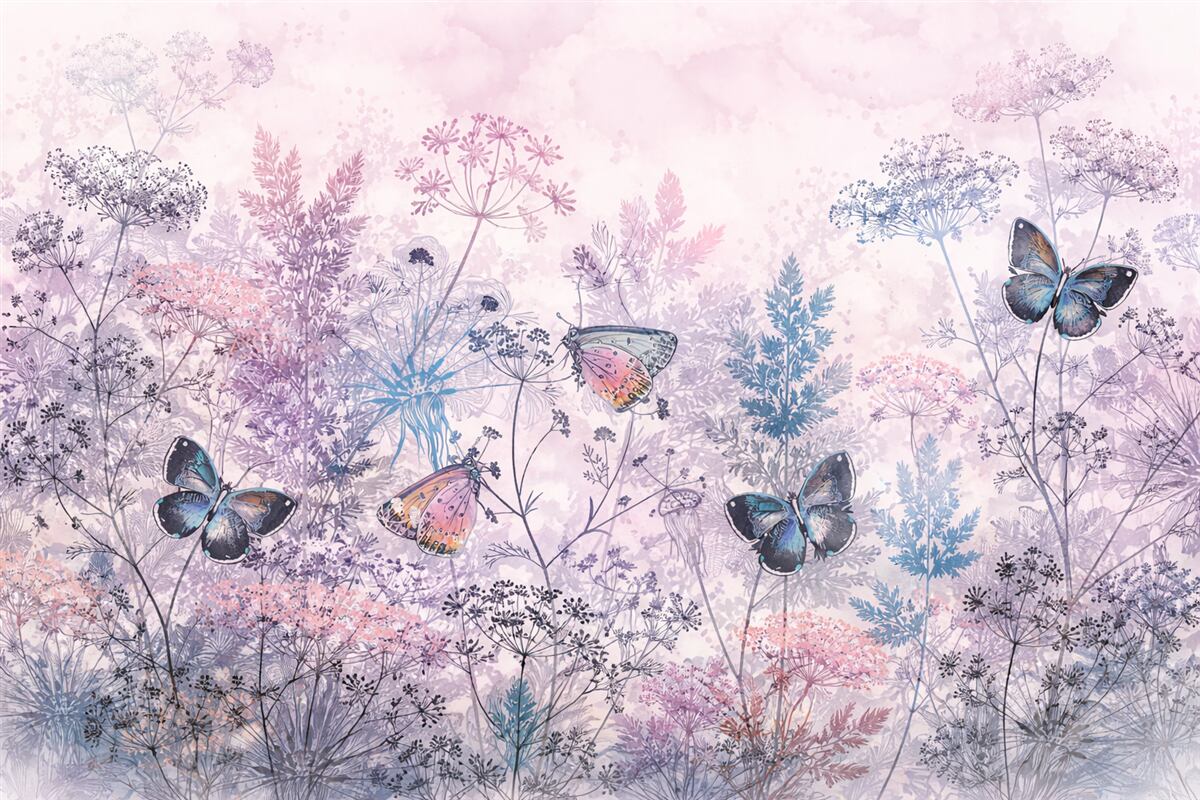 Fototapeta Ogród z barwnymi dzikimi kwiatami, roślinami oraz liśćmi, subtelnymi trawami i intensywnymi niebieskimi i różowymi akcentami kwiatowymi.