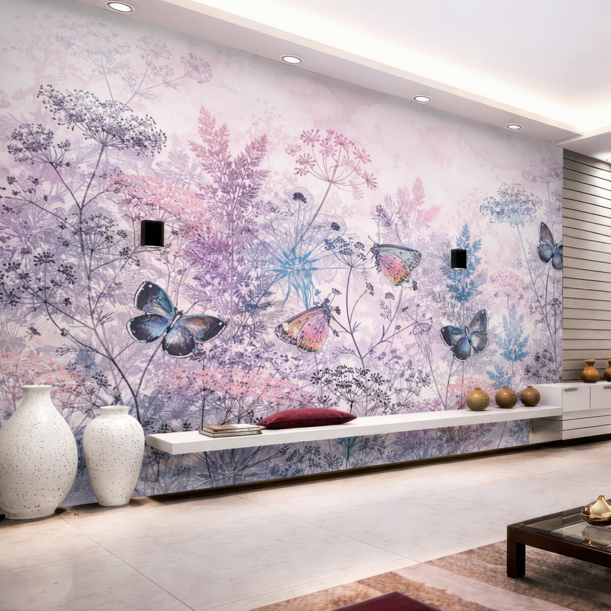 Fototapeta Ogród z barwnymi dzikimi kwiatami, roślinami oraz liśćmi, subtelnymi trawami i intensywnymi niebieskimi i różowymi akcentami kwiatowymi.