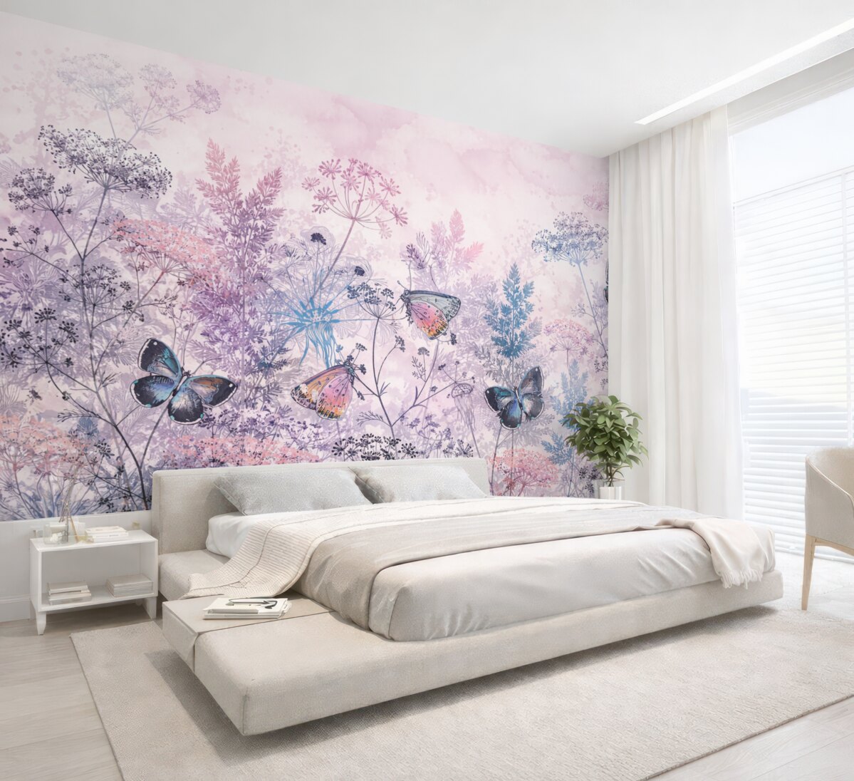 Fototapeta Ogród z barwnymi dzikimi kwiatami, roślinami oraz liśćmi, subtelnymi trawami i intensywnymi niebieskimi i różowymi akcentami kwiatowymi.