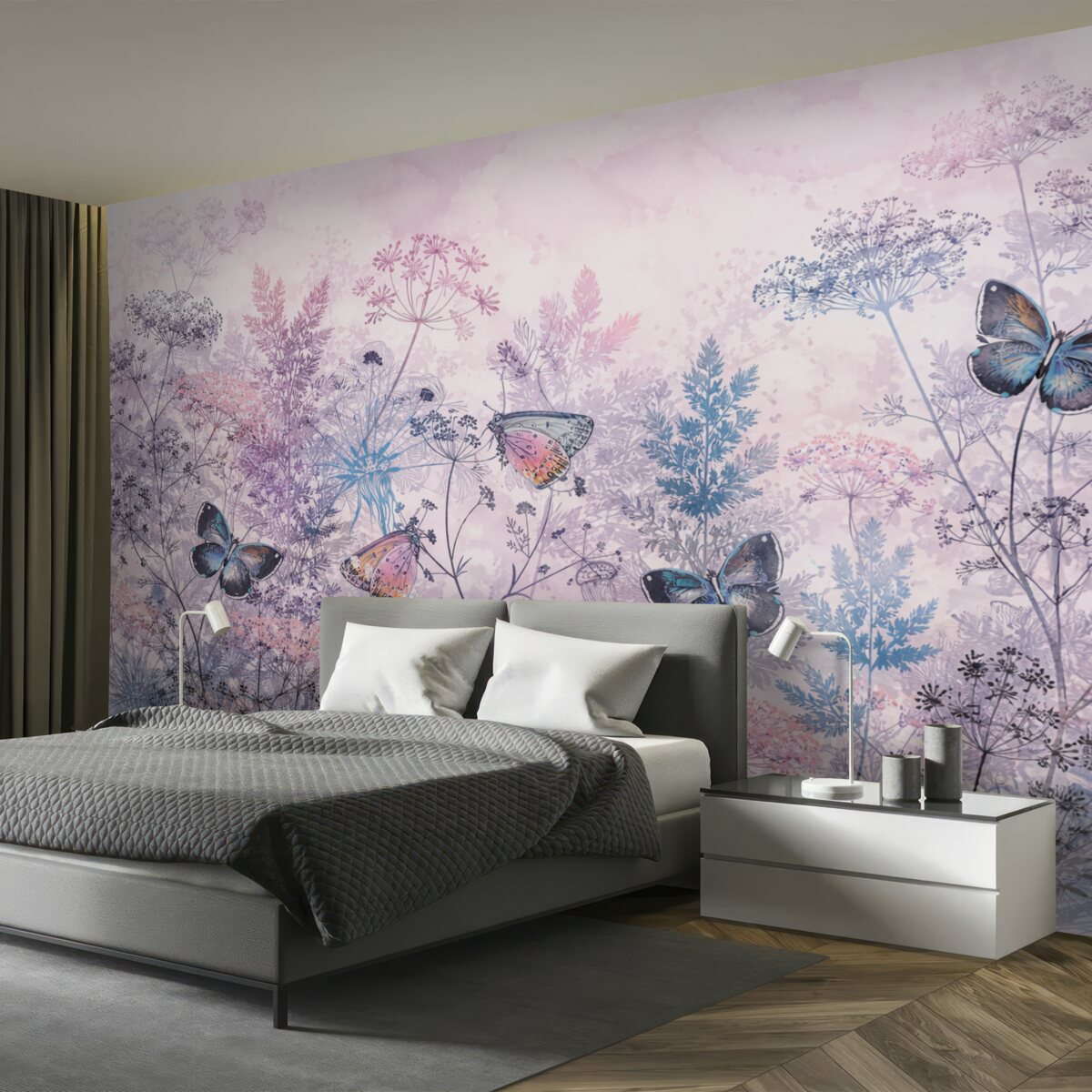 Fototapeta Ogród z barwnymi dzikimi kwiatami, roślinami oraz liśćmi, subtelnymi trawami i intensywnymi niebieskimi i różowymi akcentami kwiatowymi.