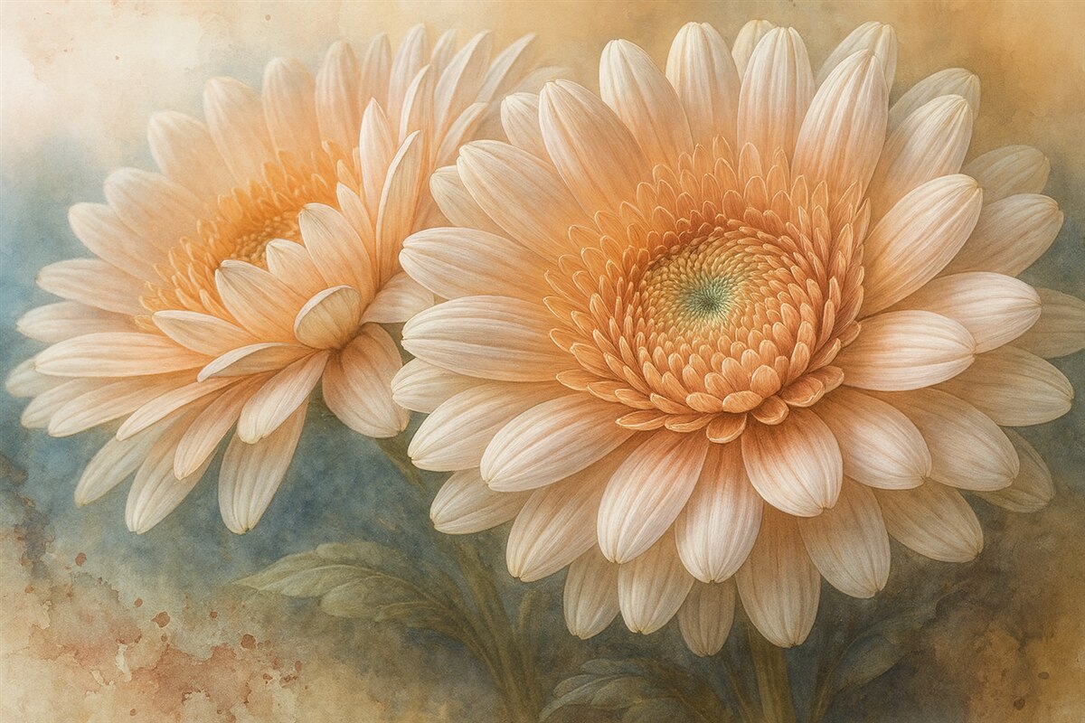 Fototapeta Delikatne różowe kwiaty gerbery z subtelnymi płatkami i fakturą na jasnoniebieskim tle.