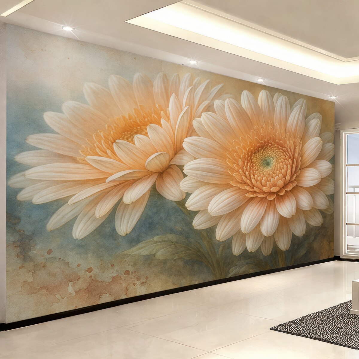 Fototapeta Delikatne różowe kwiaty gerbery z subtelnymi płatkami i fakturą na jasnoniebieskim tle.