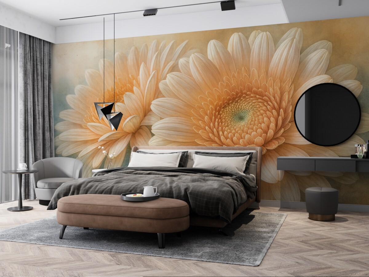 Fototapeta Delikatne różowe kwiaty gerbery z subtelnymi płatkami i fakturą na jasnoniebieskim tle.