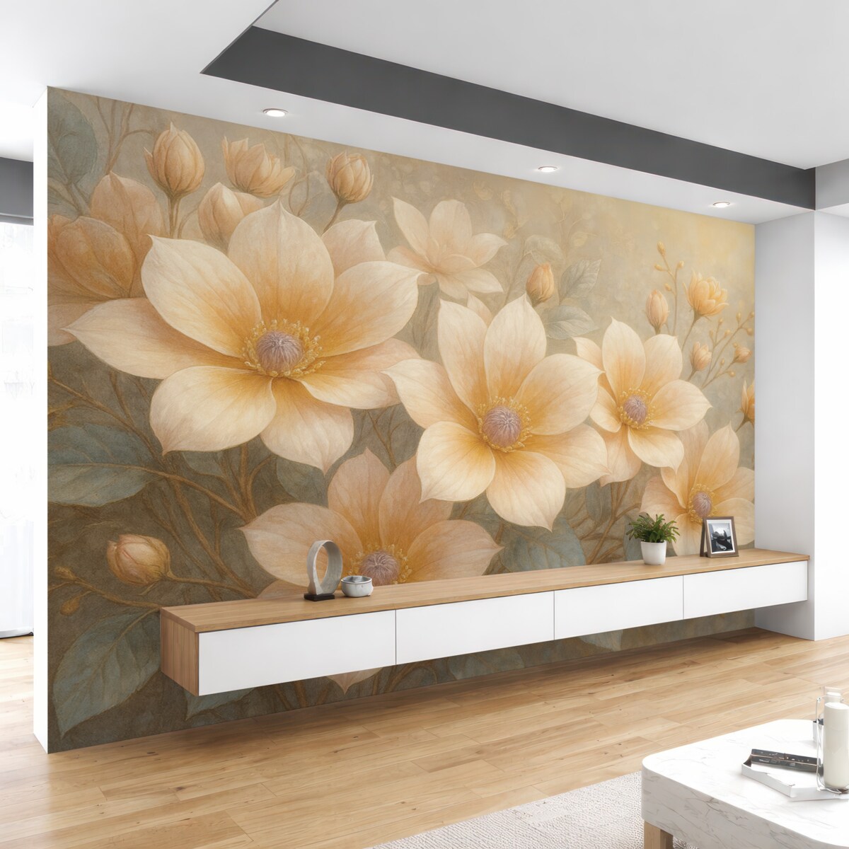 Fototapeta Pastelowe kwiaty z subtelnymi płatkami na rozmytym, strukturalnym tle, kształtujące wesoły nastrój.