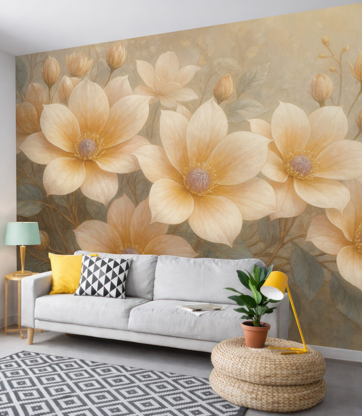 Fototapeta Pastelowe kwiaty z subtelnymi płatkami na rozmytym, strukturalnym tle, kształtujące wesoły nastrój.