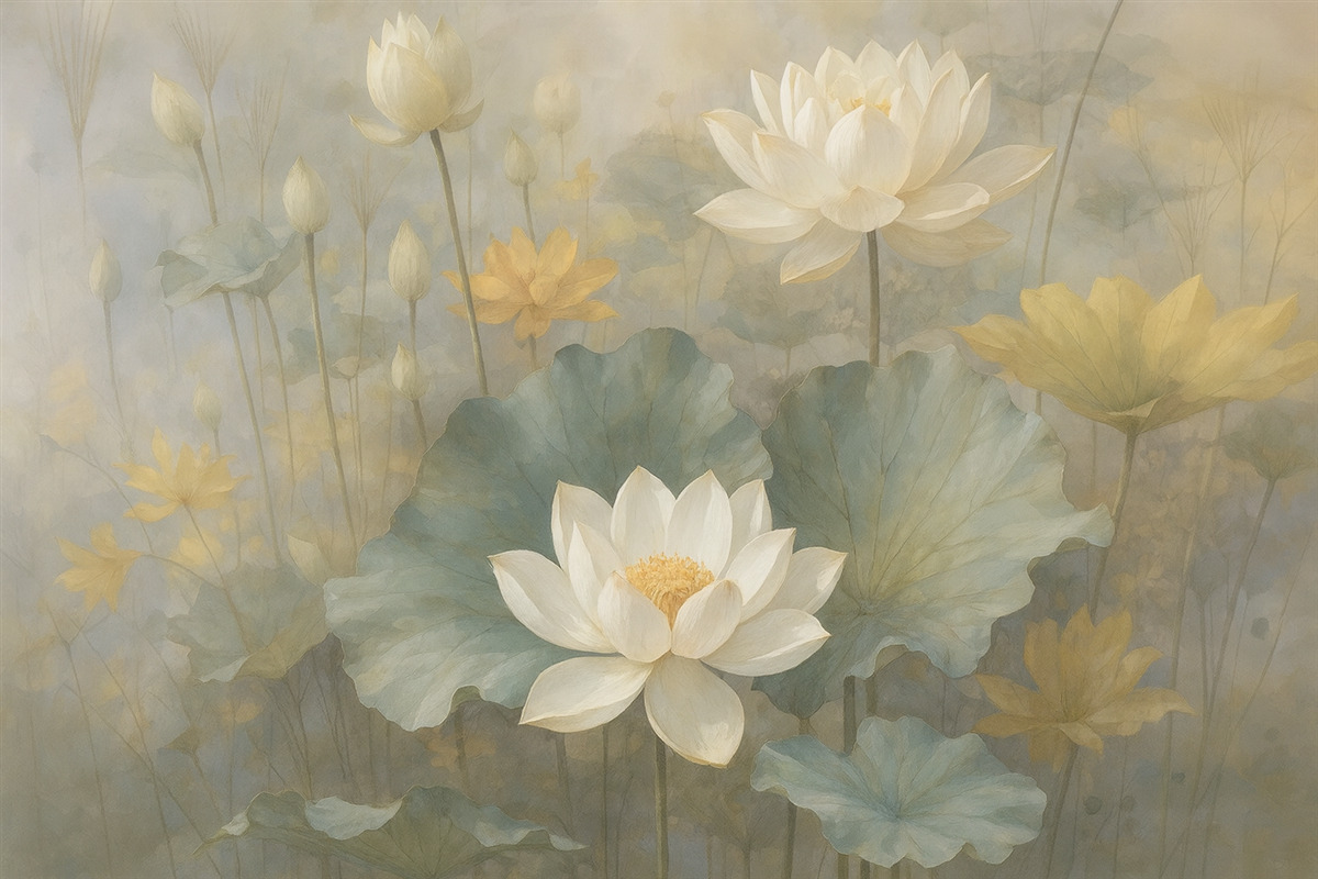 Fototapeta Białe kwiaty lotosu z liśćmi w zbiorniku z delikatnym, rozmytym żółtym i zielonym tłem.