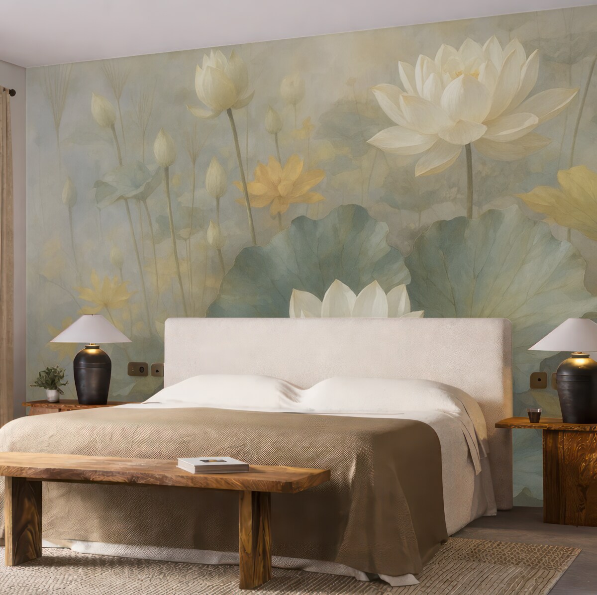 Fototapeta Białe kwiaty lotosu z liśćmi w zbiorniku z delikatnym, rozmytym żółtym i zielonym tłem.