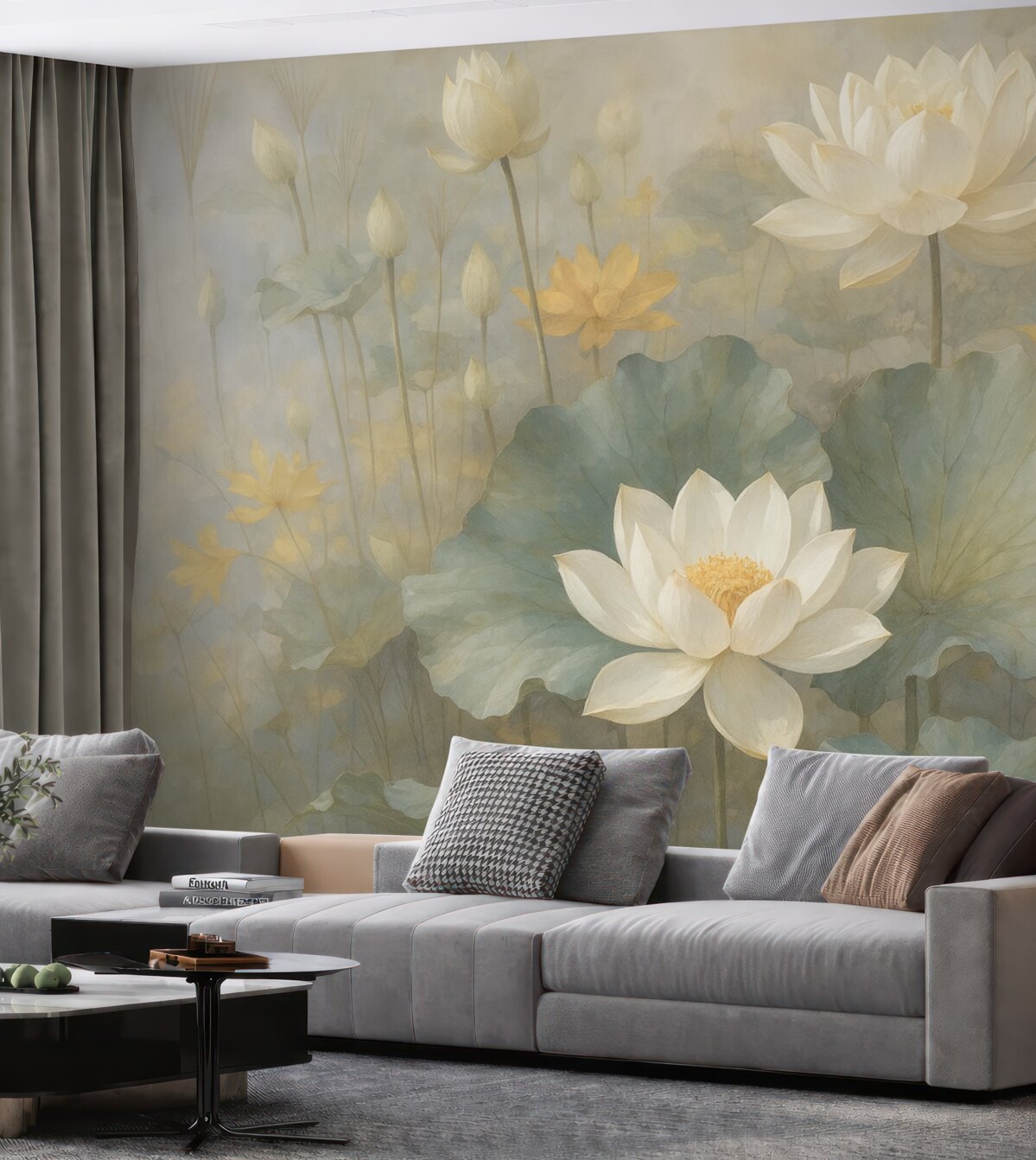 Fototapeta Białe kwiaty lotosu z liśćmi w zbiorniku z delikatnym, rozmytym żółtym i zielonym tłem.