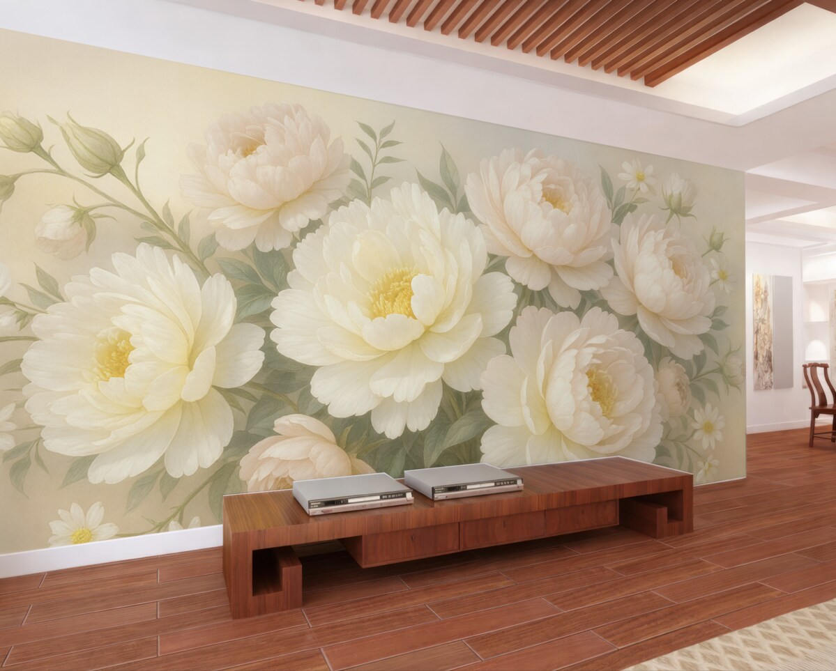 Fototapeta Bukiet soczystych, pastelowych piwonii oraz innych kwiatów na delikatnym, rozmazanym tle.