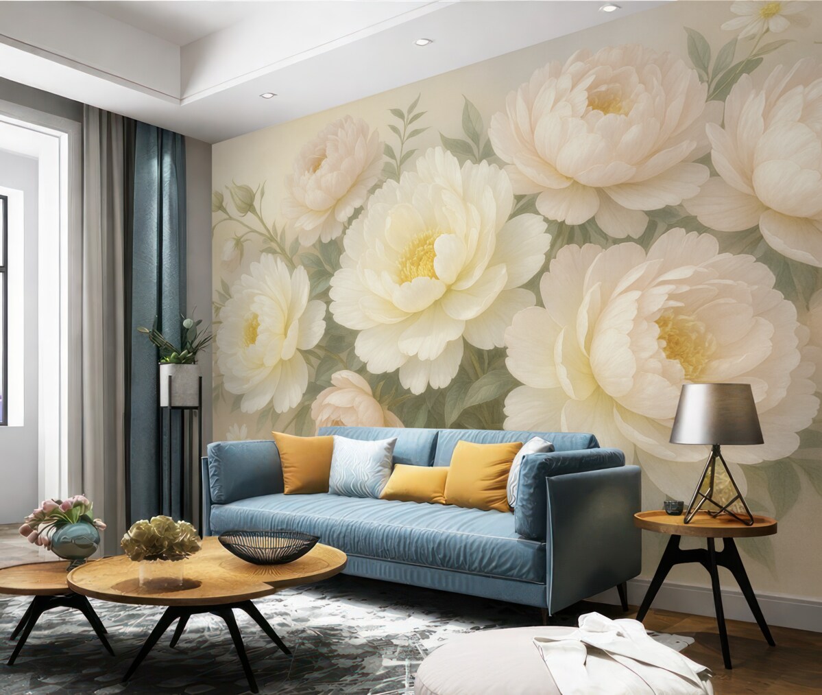 Fototapeta Bukiet soczystych, pastelowych piwonii oraz innych kwiatów na delikatnym, rozmazanym tle.