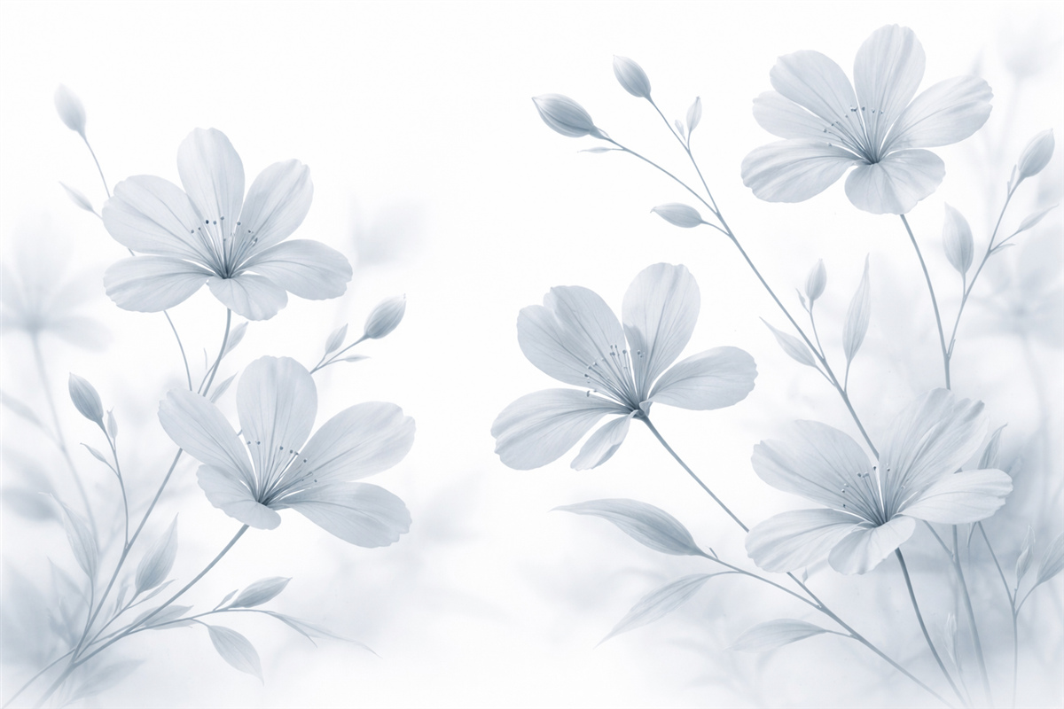 Fototapeta Zbliżenie subtelnych niebieskich kwiatów z łagodnymi, rozmytymi płatkami na gładkim białym tle.