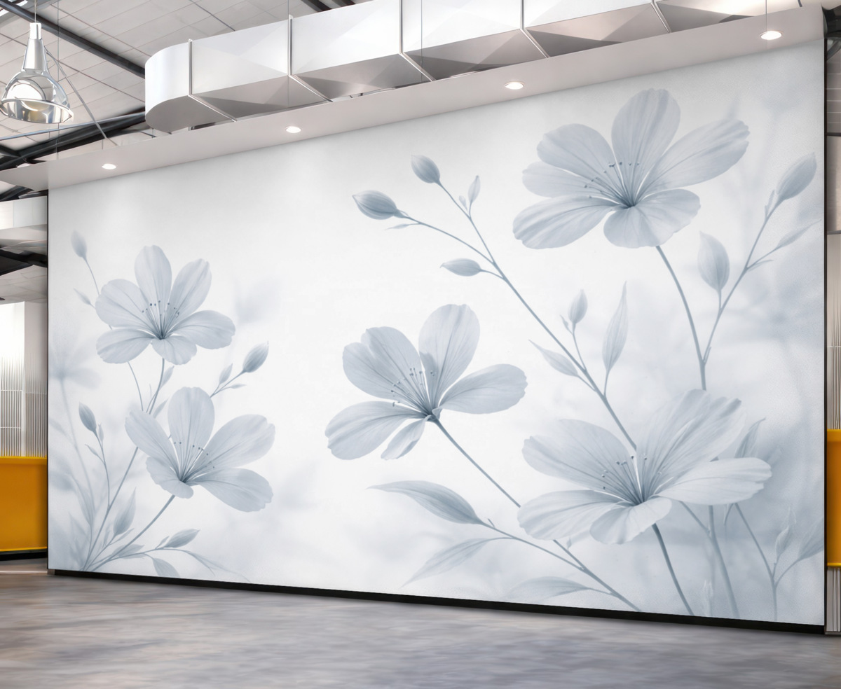 Fototapeta Zbliżenie subtelnych niebieskich kwiatów z łagodnymi, rozmytymi płatkami na gładkim białym tle.