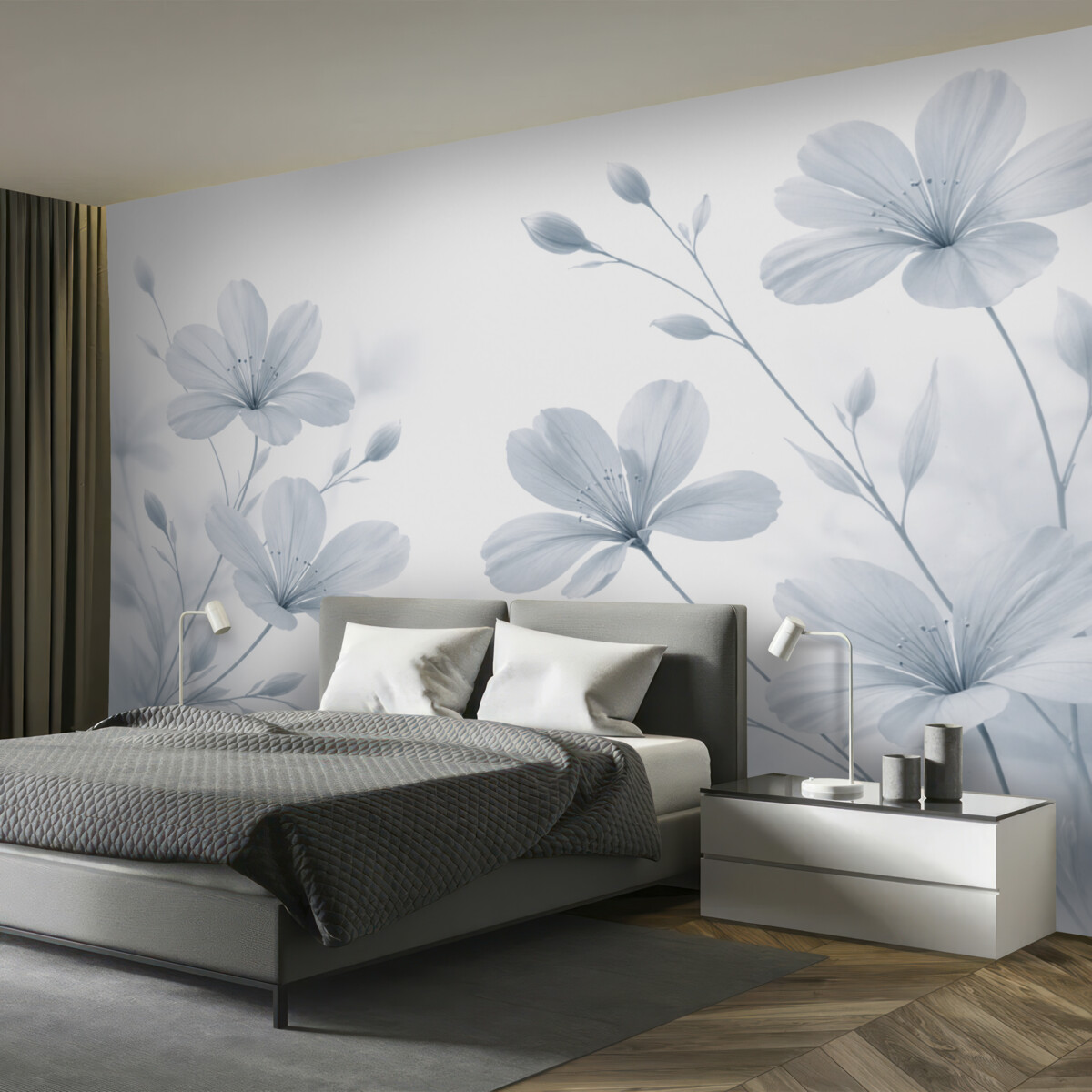 Fototapeta Zbliżenie subtelnych niebieskich kwiatów z łagodnymi, rozmytymi płatkami na gładkim białym tle.