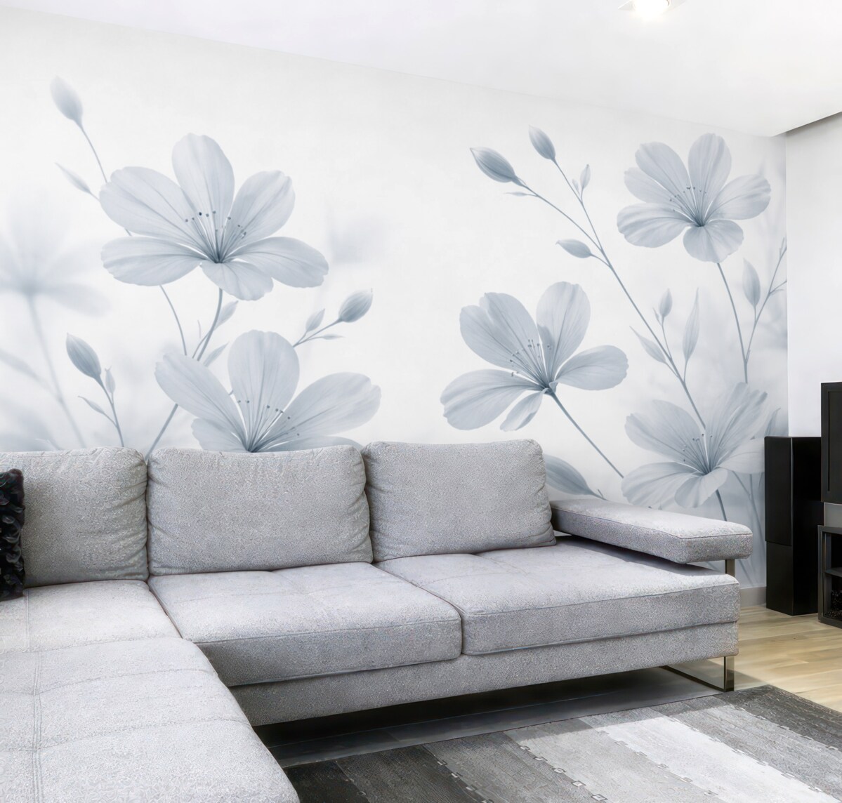 Fototapeta Zbliżenie subtelnych niebieskich kwiatów z łagodnymi, rozmytymi płatkami na gładkim białym tle.