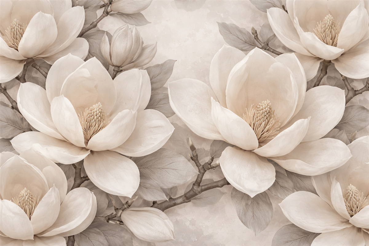 Fototapeta Białe kwiaty magnolii w pełnym rozkwicie, z gładkimi, subtelnymi płatkami i teksturowanym naturalnym tłem.