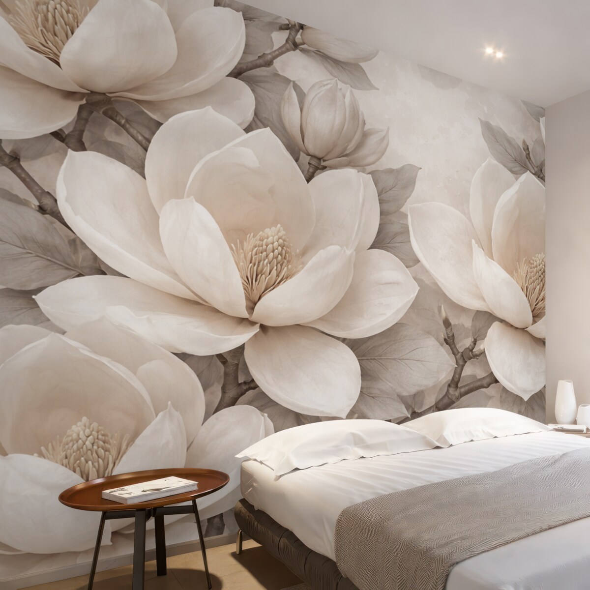 Fototapeta Białe kwiaty magnolii w pełnym rozkwicie, z gładkimi, subtelnymi płatkami i teksturowanym naturalnym tłem.