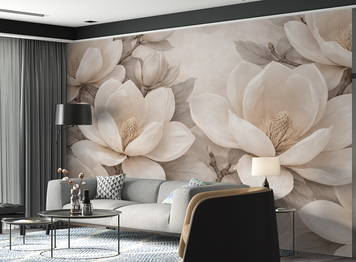 Fototapeta Białe kwiaty magnolii w pełnym rozkwicie, z gładkimi, subtelnymi płatkami i teksturowanym naturalnym tłem.