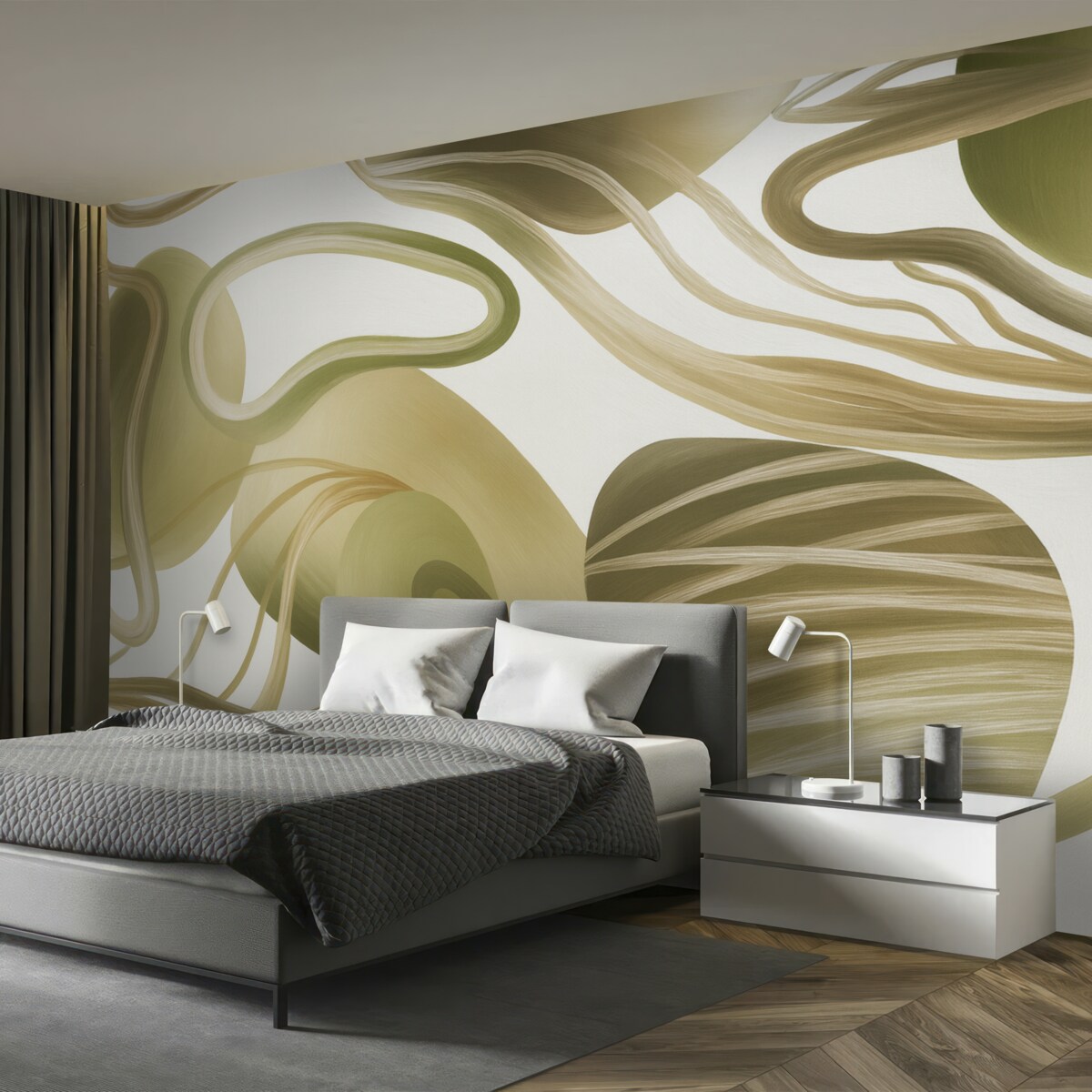 Fototapeta Abstrakcyjne, wirujące formy i krzywe w tonacjach beżowych tworzą dynamiczną i płynną kompozycję.