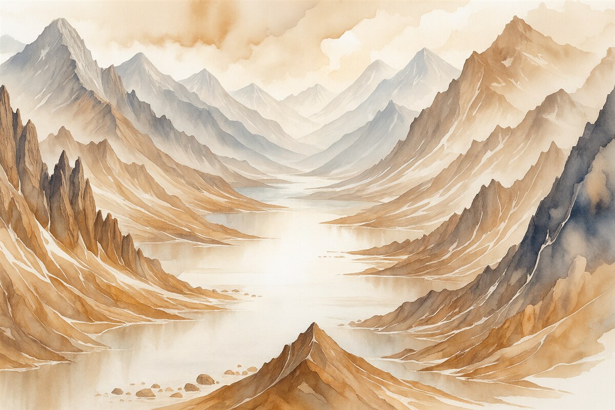 Fototapeta Cichy akwarelowy pejzaż z falistymi pagórkami i wzgórzami w oddali, spowity delikatną, mglistą mgiełką.