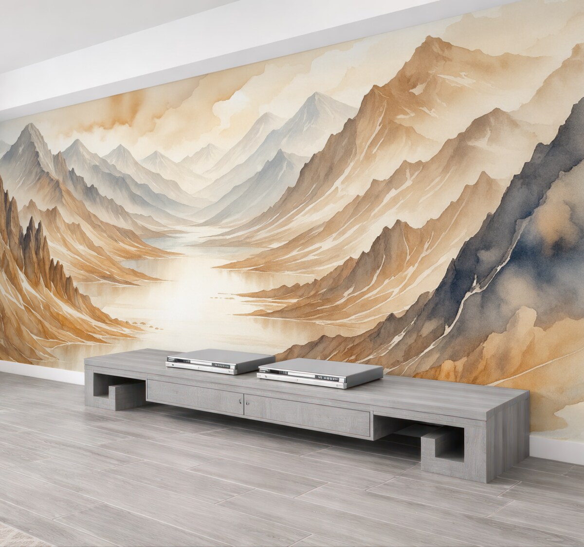 Fototapeta Cichy akwarelowy pejzaż z falistymi pagórkami i wzgórzami w oddali, spowity delikatną, mglistą mgiełką.