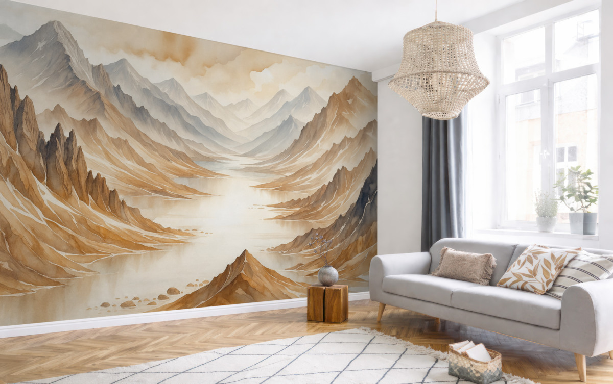 Fototapeta Cichy akwarelowy pejzaż z falistymi pagórkami i wzgórzami w oddali, spowity delikatną, mglistą mgiełką.