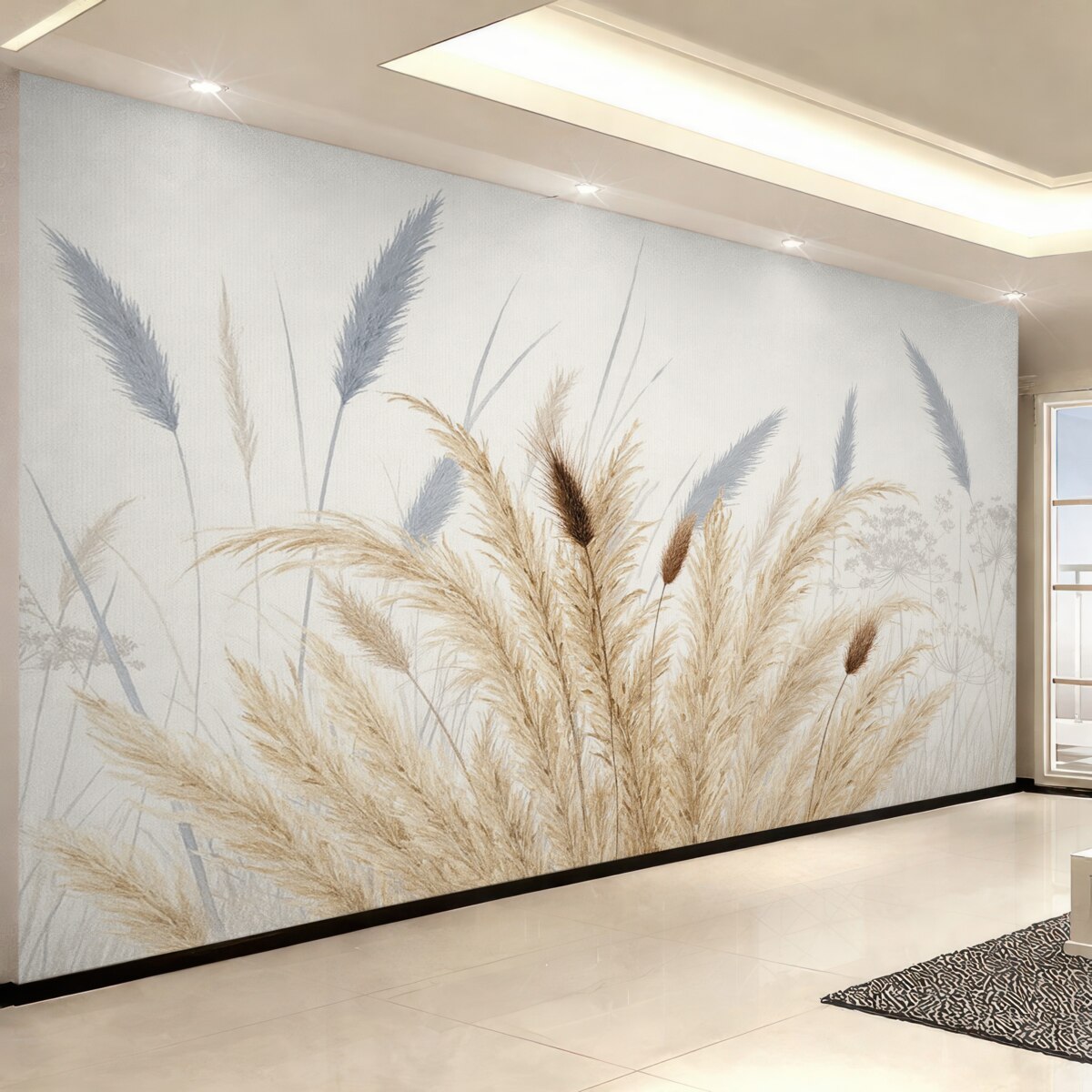 Fototapeta Wysokie źdźbła pszenicy oraz trawy z puszystymi białymi kwiatostanami na jasnym tle.