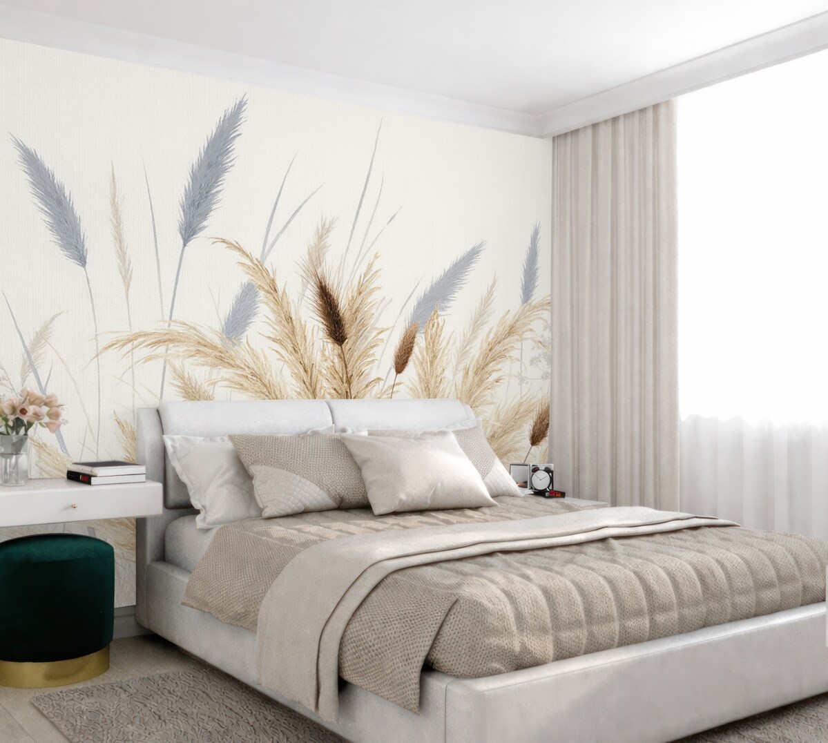 Fototapeta Wysokie źdźbła pszenicy oraz trawy z puszystymi białymi kwiatostanami na jasnym tle.