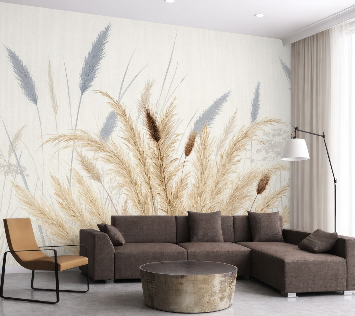 Fototapeta Wysokie źdźbła pszenicy oraz trawy z puszystymi białymi kwiatostanami na jasnym tle.