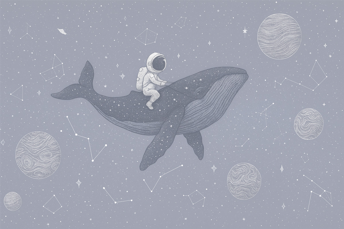 Fototapeta Astronauta oraz tajemniczy wieloryb w przestrzeni kosmicznej.