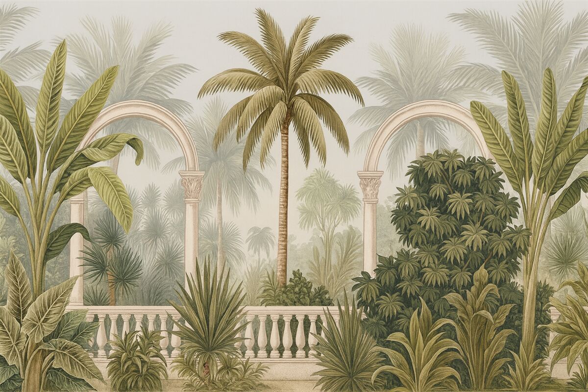 Fototapeta Łuki z tropikalną scenerią, gęstymi palmami oraz innymi liśćmi na jasnym tle.