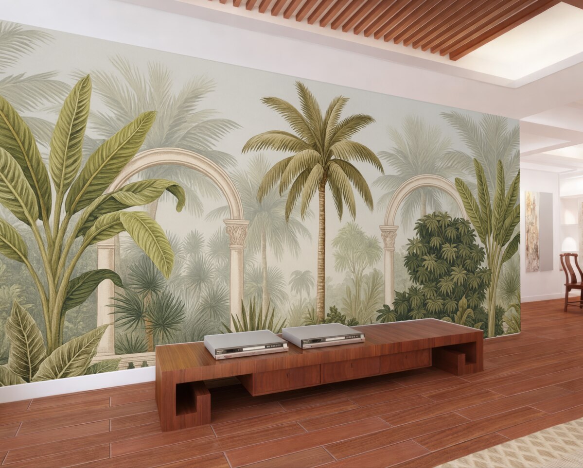 Fototapeta Łuki z tropikalną scenerią, gęstymi palmami oraz innymi liśćmi na jasnym tle.