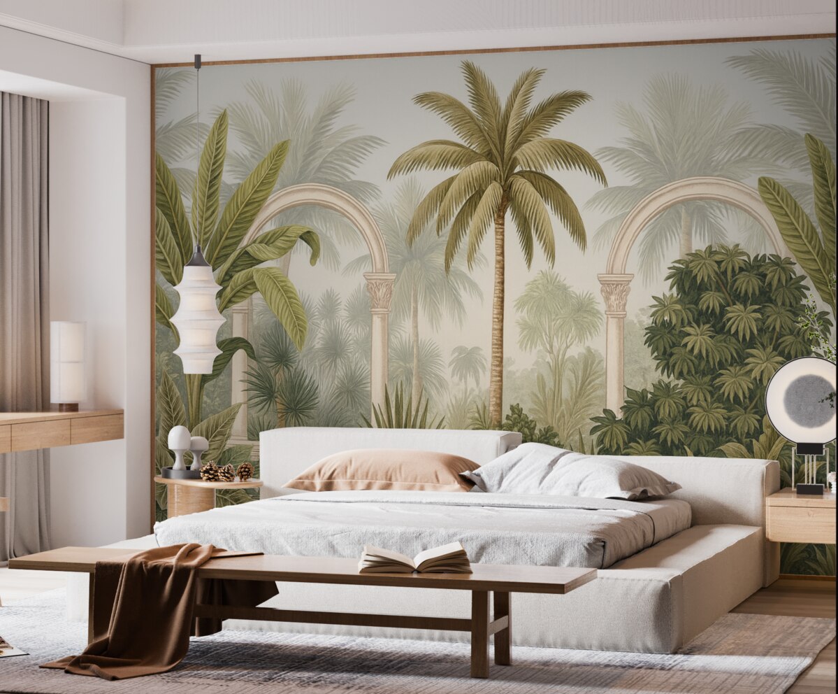 Fototapeta Łuki z tropikalną scenerią, gęstymi palmami oraz innymi liśćmi na jasnym tle.