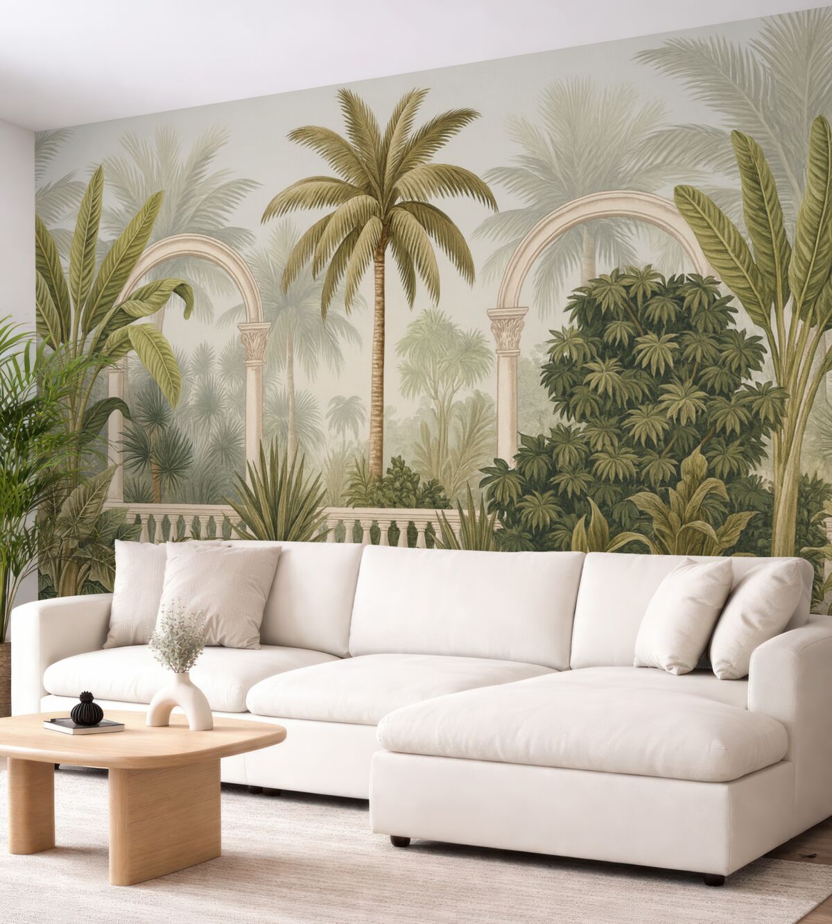Fototapeta Łuki z tropikalną scenerią, gęstymi palmami oraz innymi liśćmi na jasnym tle.