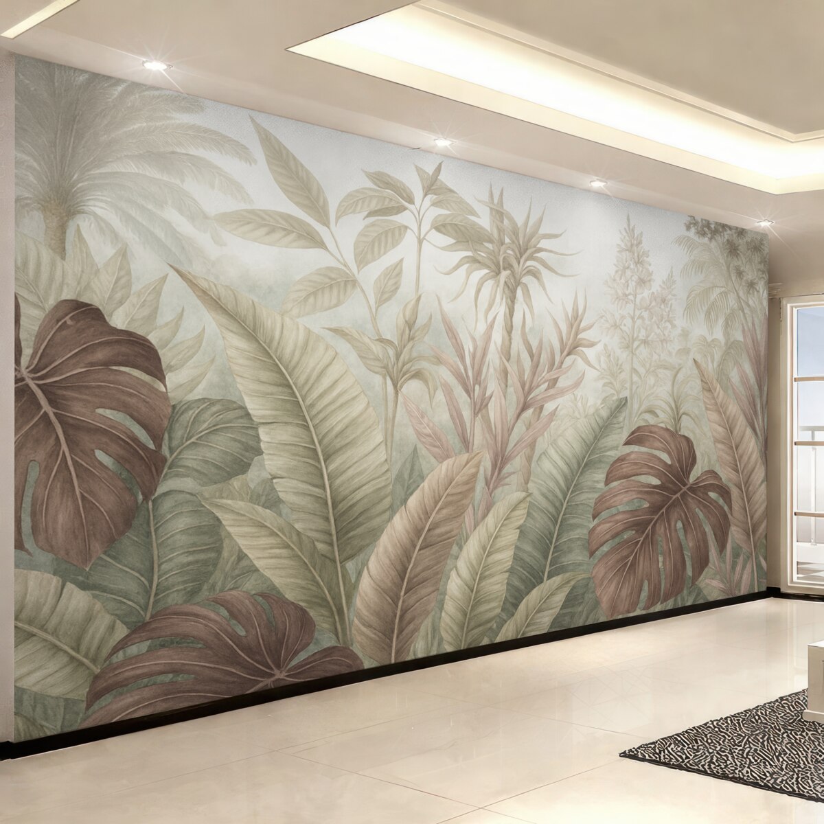 Fototapeta Tropikalny las deszczowy z wielkimi liśćmi palm oraz egzotycznymi roślinami w tonacjach szarości, bieli i beżu.