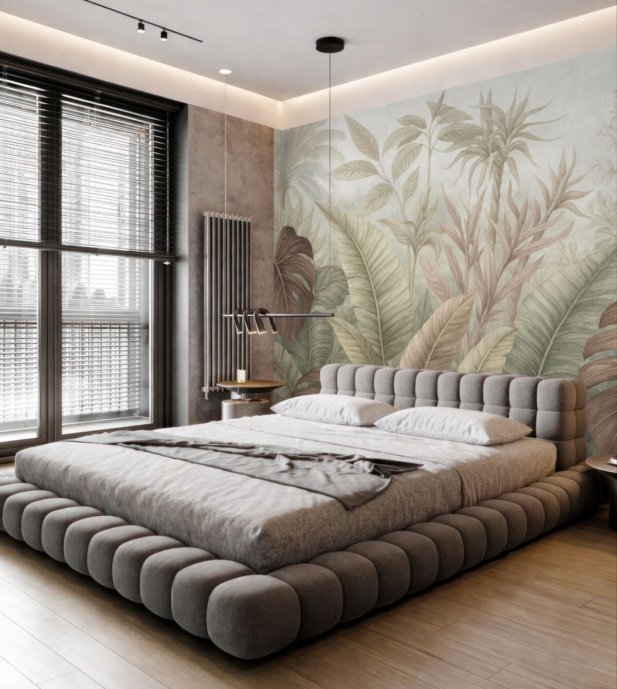 Fototapeta Tropikalny las deszczowy z wielkimi liśćmi palm oraz egzotycznymi roślinami w tonacjach szarości, bieli i beżu.