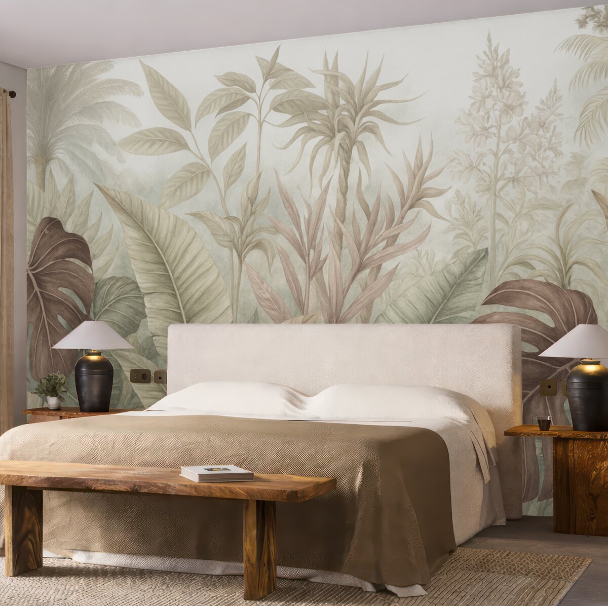 Fototapeta Tropikalny las deszczowy z wielkimi liśćmi palm oraz egzotycznymi roślinami w tonacjach szarości, bieli i beżu.