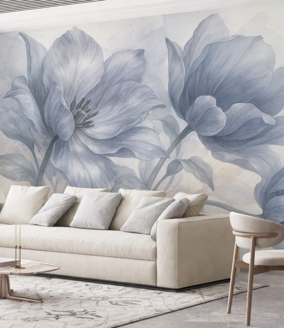 Fototapeta Delikatne, eteryczne niebieskie i białe kwiaty dalii z subtelnymi, warstwowymi płatkami na zmiękczonym tle.