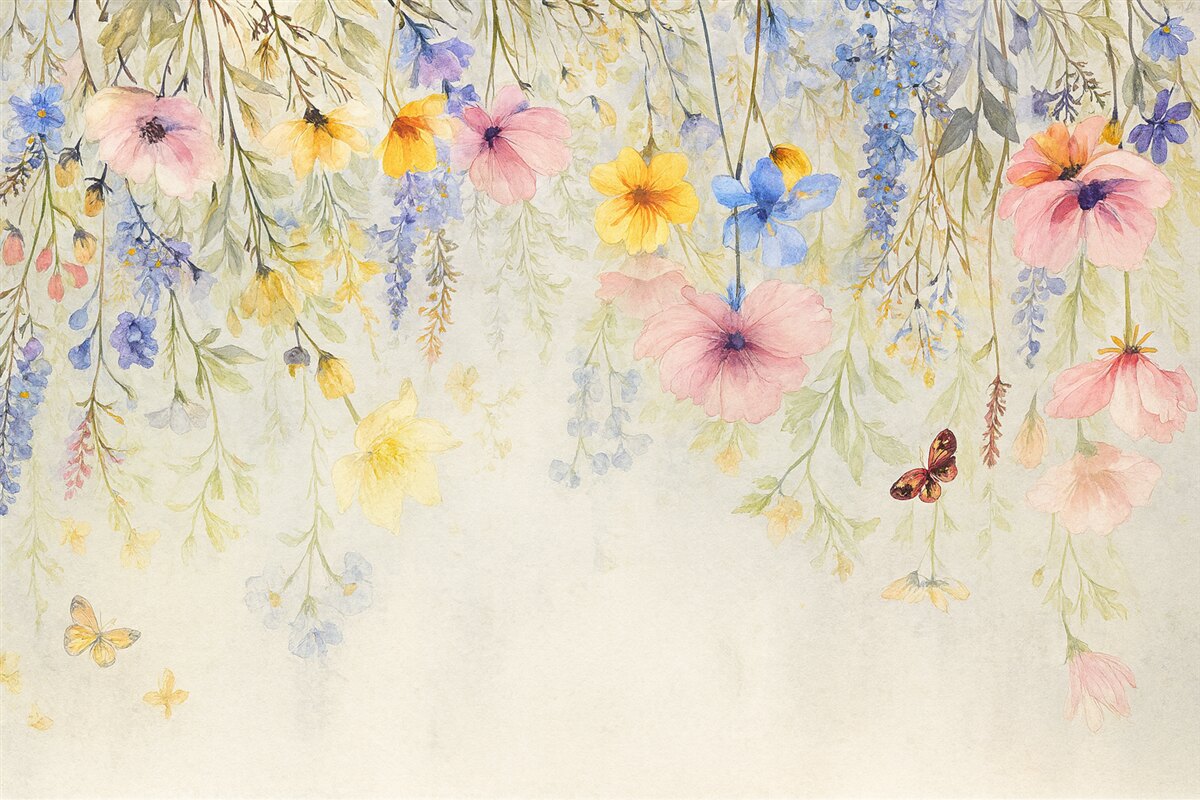 Fototapeta Kolorowe kwiaty o różowych, żółtych i niebieskich płatkach zwisające z góry na fakturowanym szarym tle.