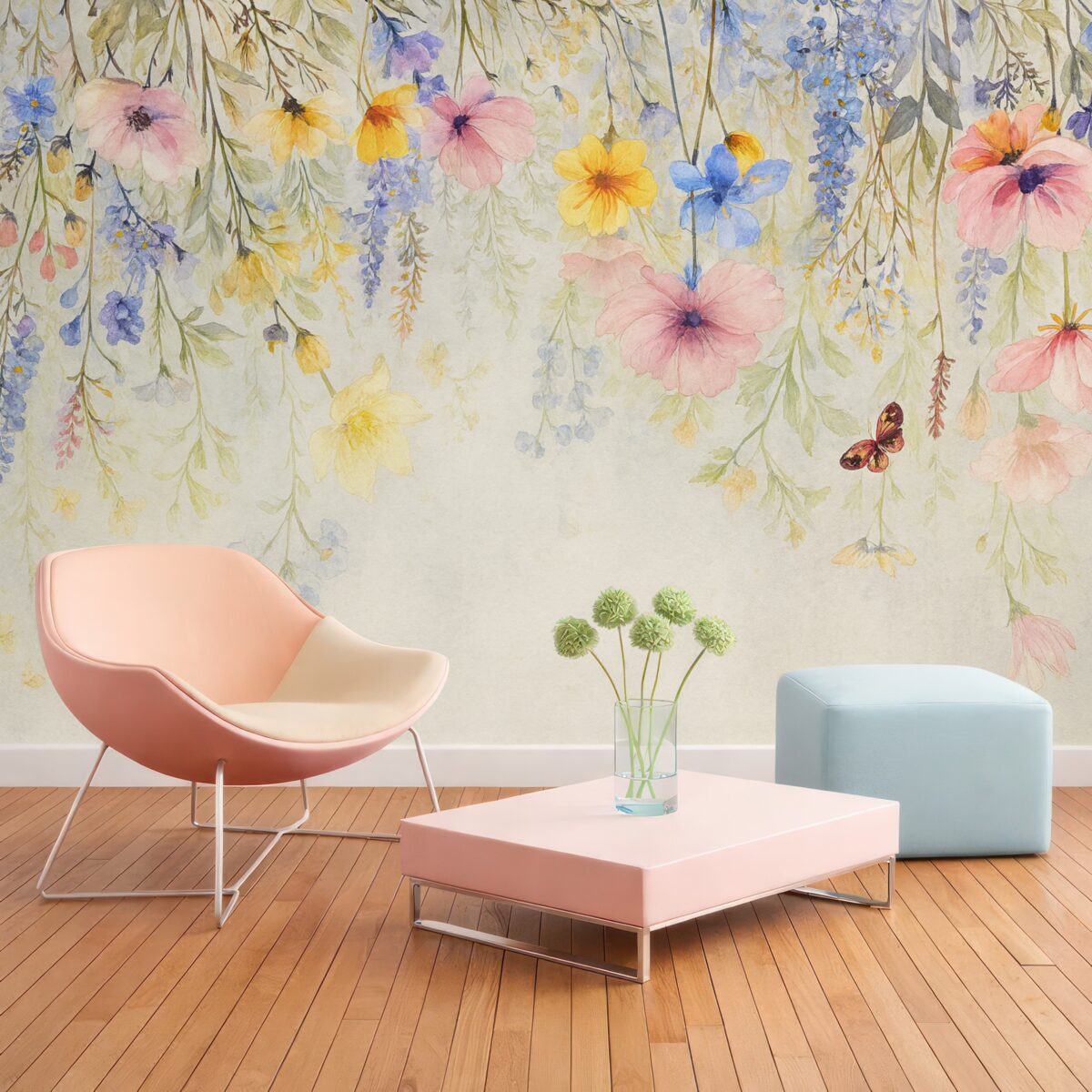 Fototapeta Kolorowe kwiaty o różowych, żółtych i niebieskich płatkach zwisające z góry na fakturowanym szarym tle.