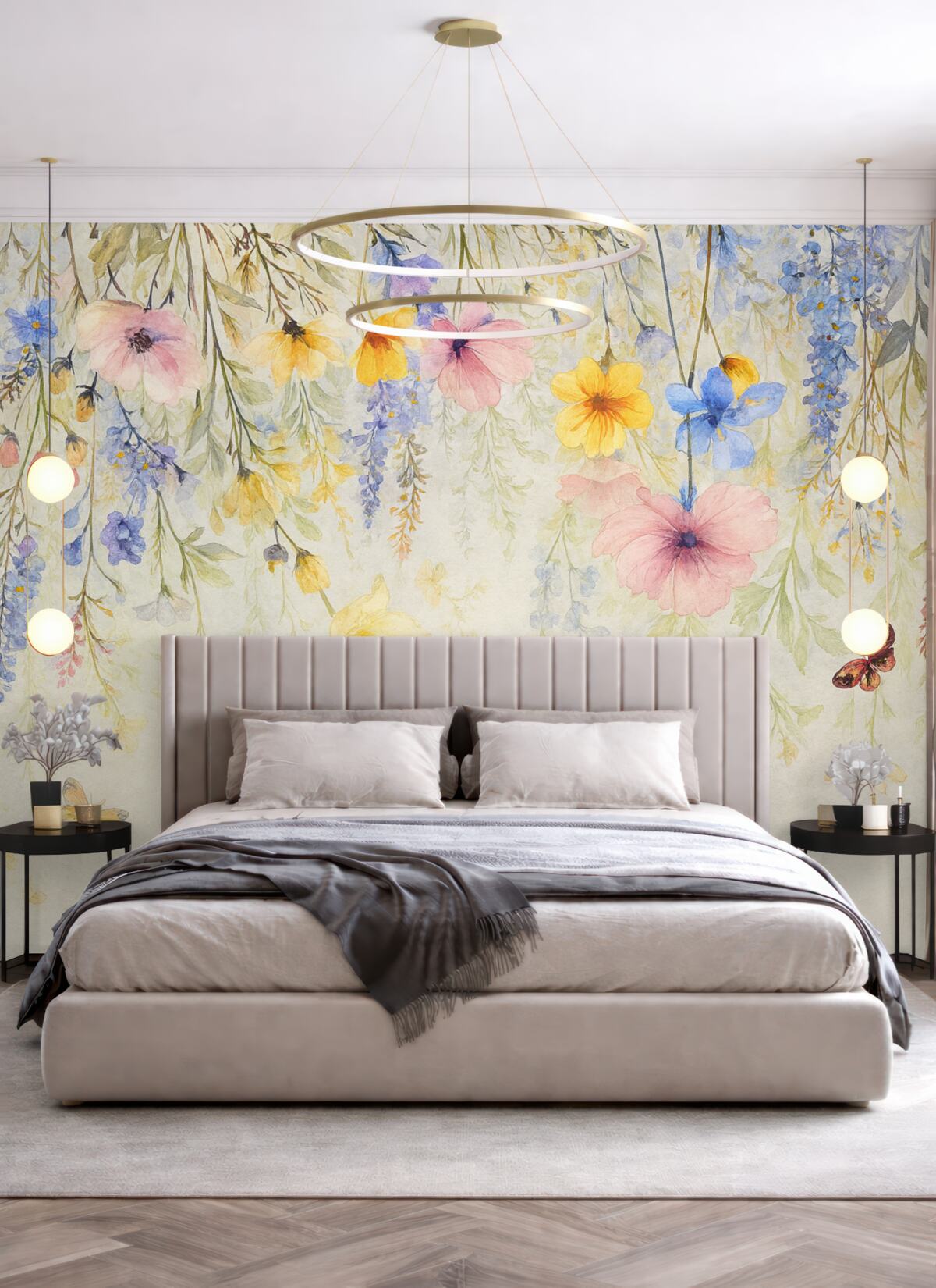 Fototapeta Kolorowe kwiaty o różowych, żółtych i niebieskich płatkach zwisające z góry na fakturowanym szarym tle.