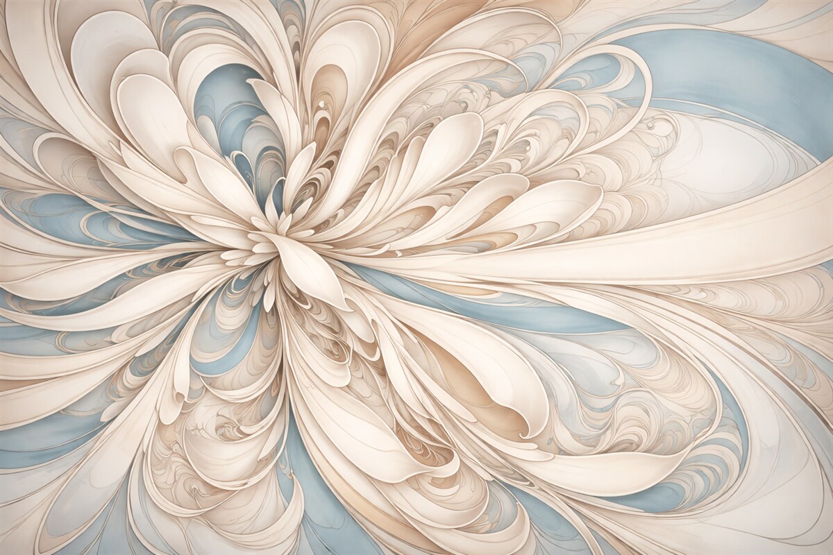 Fototapeta Abstrakcyjny kwiatowy motyw z wirującymi, organicznymi formami w odcieniach beżu, brązu i niebieskiego na jasnym tle.