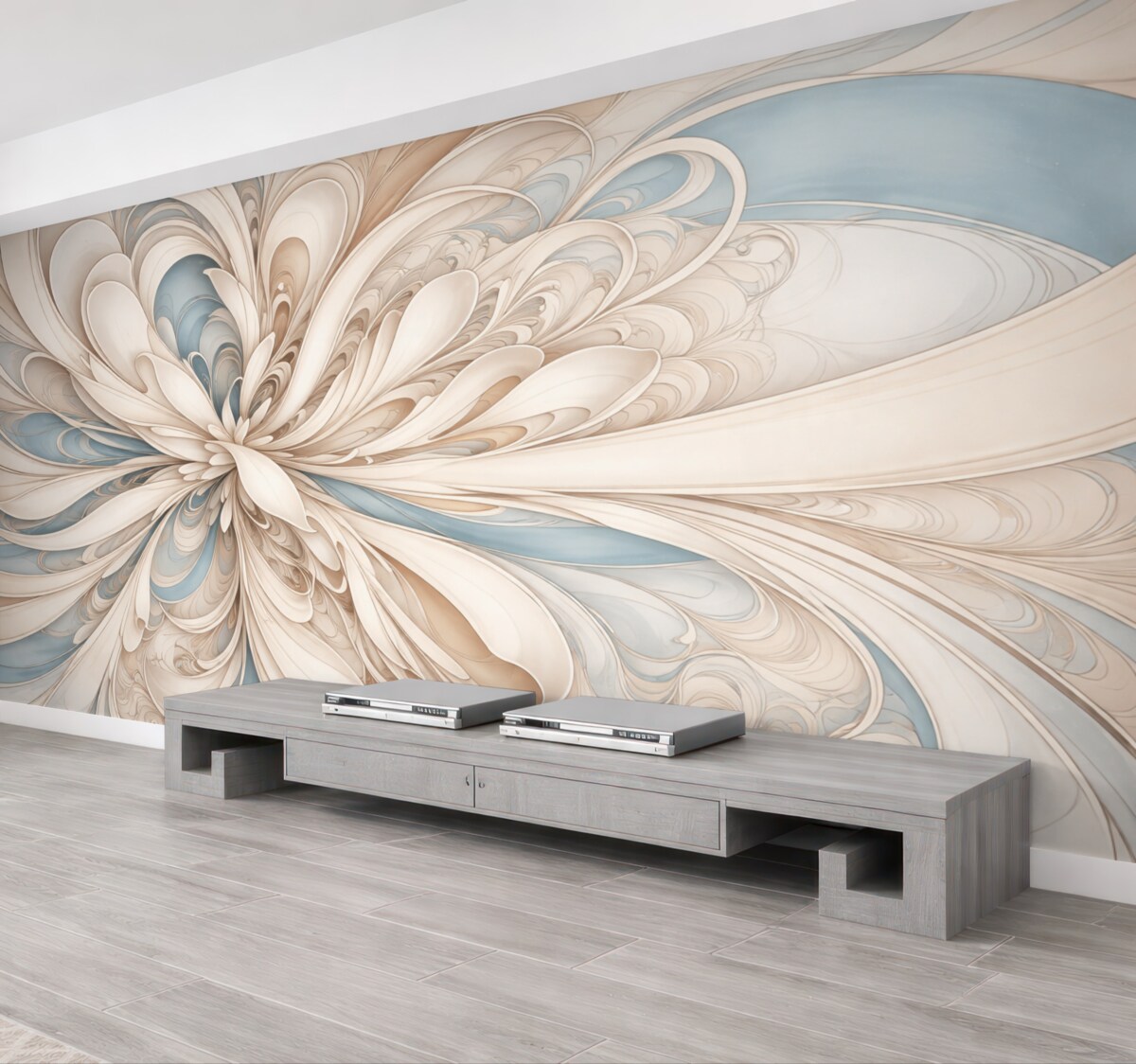 Fototapeta Abstrakcyjny kwiatowy motyw z wirującymi, organicznymi formami w odcieniach beżu, brązu i niebieskiego na jasnym tle.