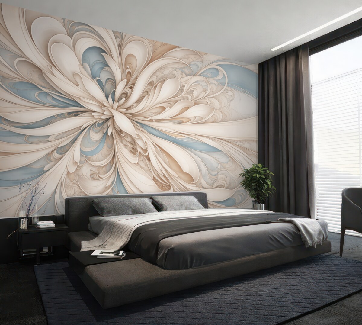 Fototapeta Abstrakcyjny kwiatowy motyw z wirującymi, organicznymi formami w odcieniach beżu, brązu i niebieskiego na jasnym tle.